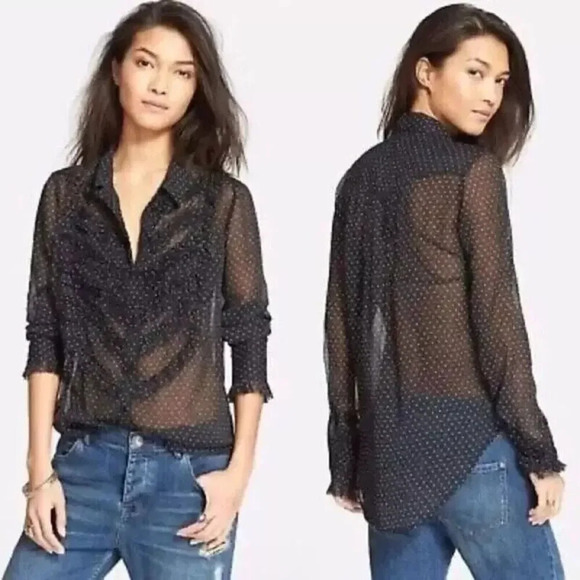 Free People Sheer Ruffle Black Polka Dot Fringe Tux Button Down Blouse Size M - Picture 1 of 11